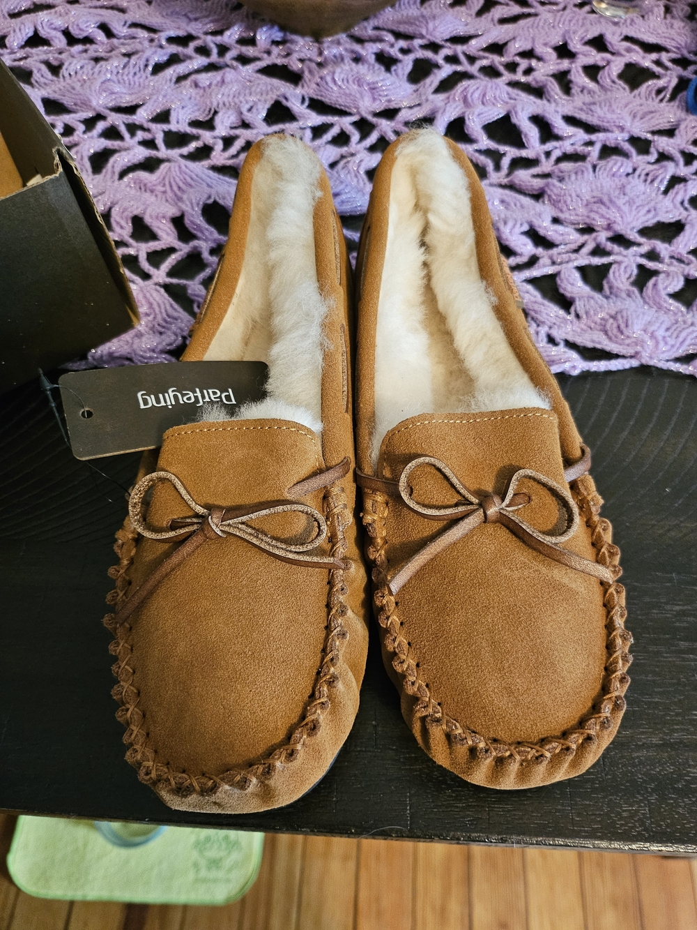 Parfeying Chestnut Suede Moccasin Slippers with Shearling Lining - Picture 2 of 4